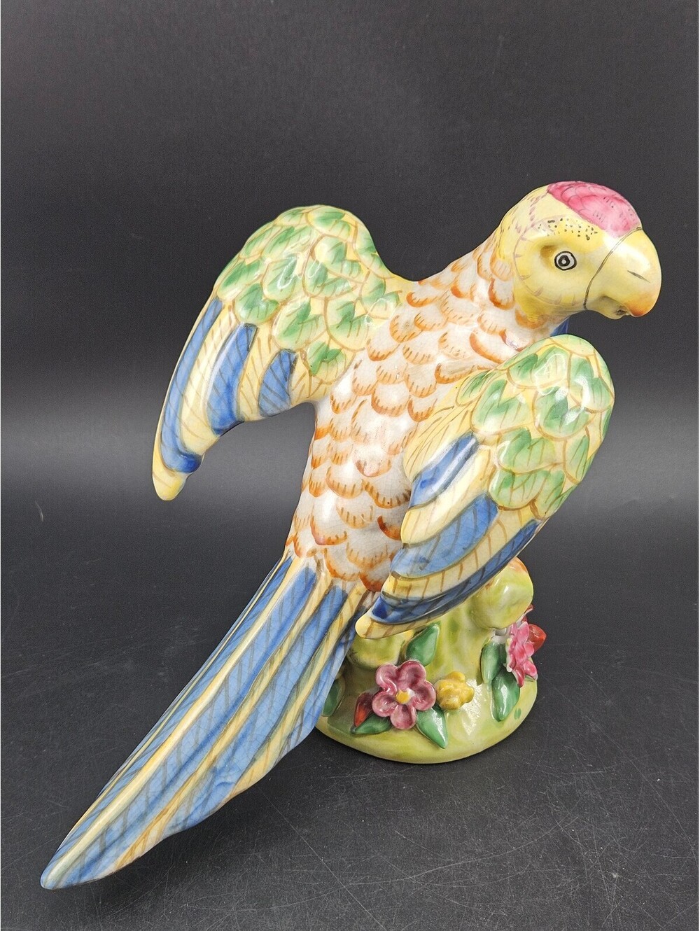 Vintage 8" Tall Majolica Style Ceramic Parrot Figurine Hand Painted Bird Statue